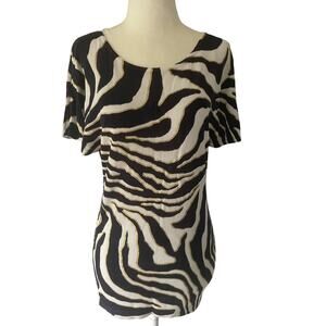 Cache Zebra Print Metallic Gold, Navy, & White Short Sleeve Sweater Small